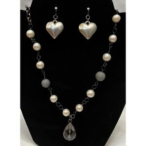 Silver Tone Puffy Heart Earrings & Crystal Teardrop Faux Pearl Necklace